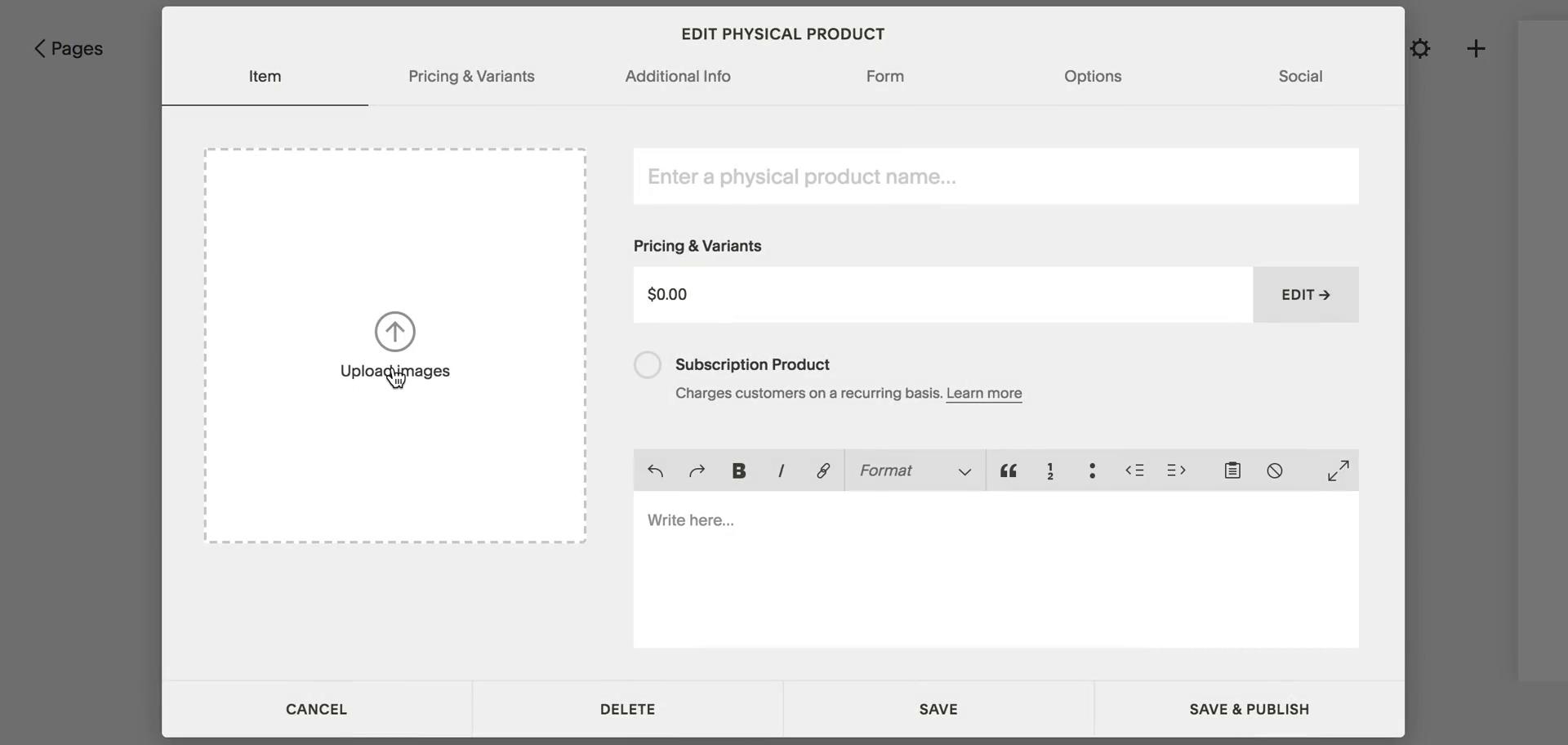 Screenshot of Add product details on Adding a product on Squarespace user flow