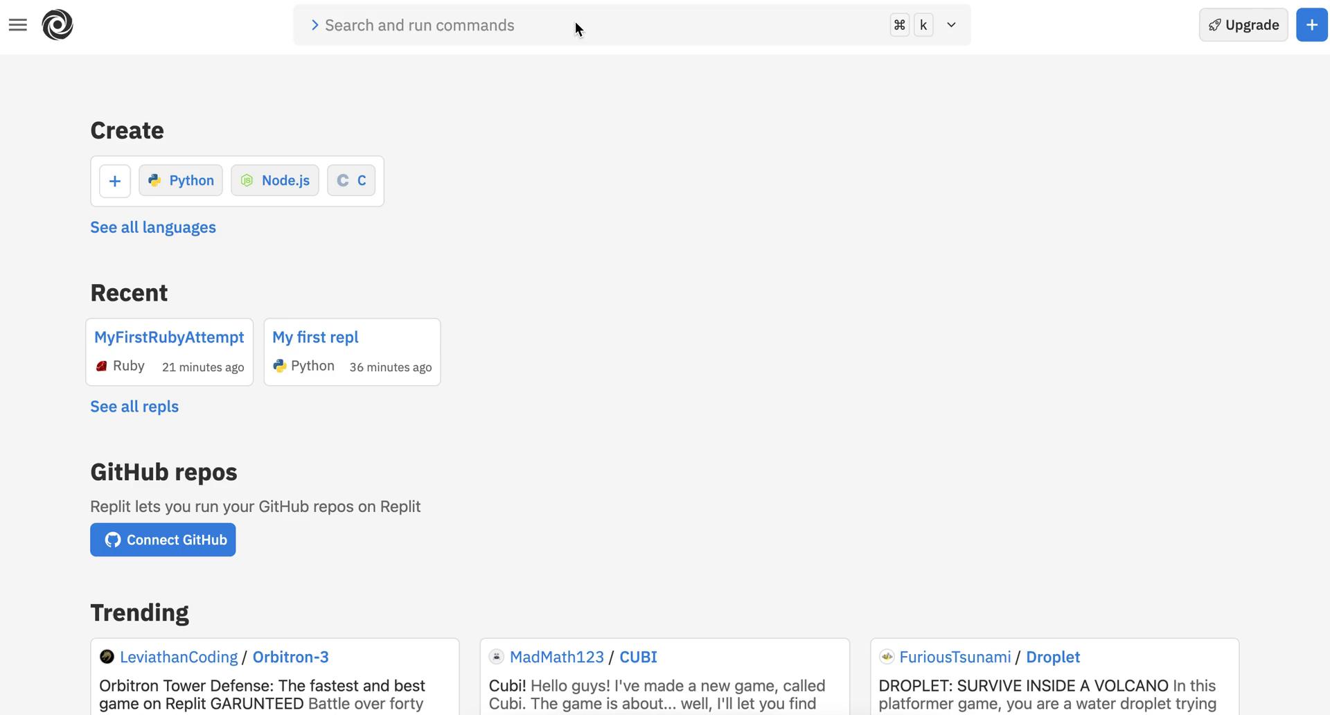 Screenshot of Home on Searching on Replit user flow