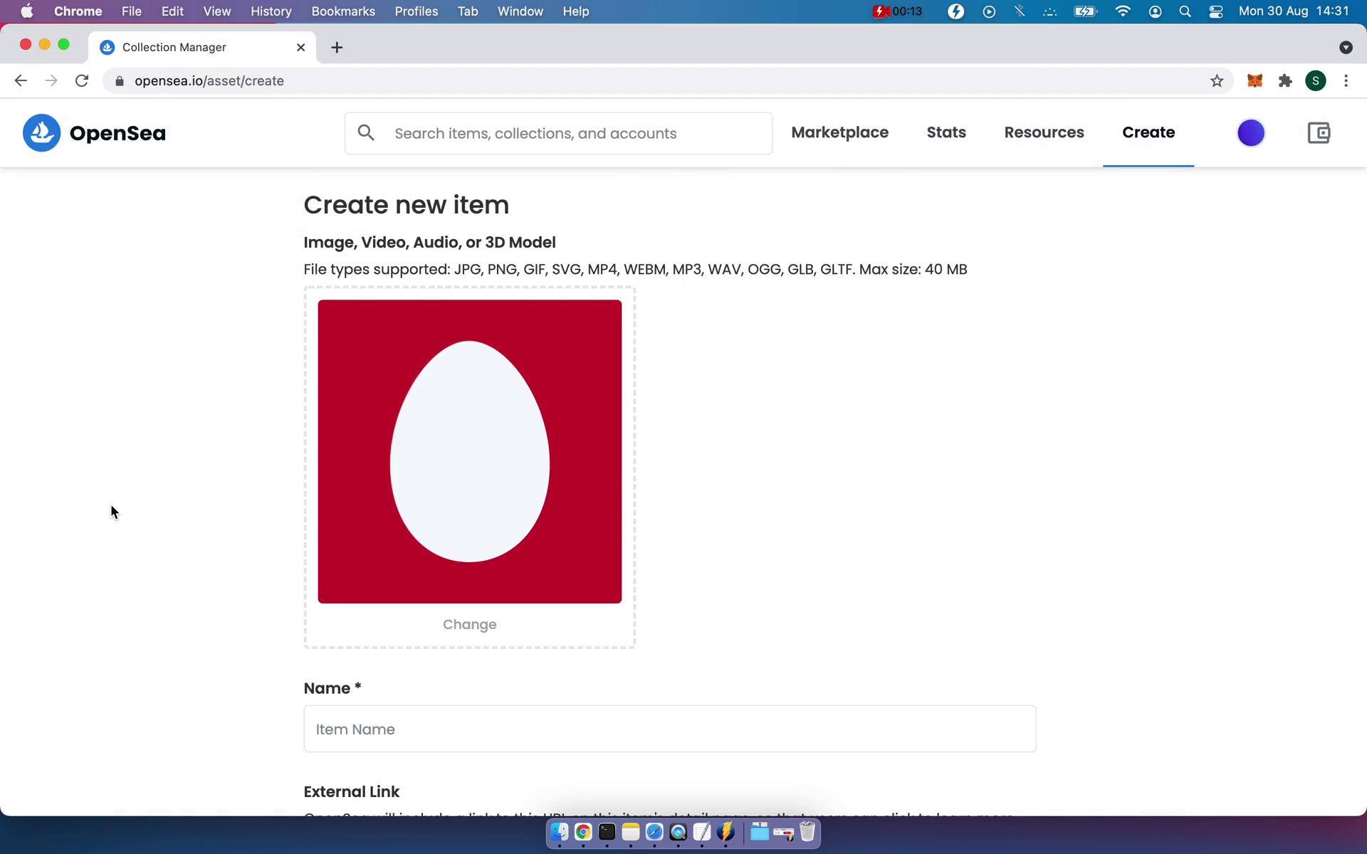 Screenshot of Create item on Listing a product on OpenSea user flow