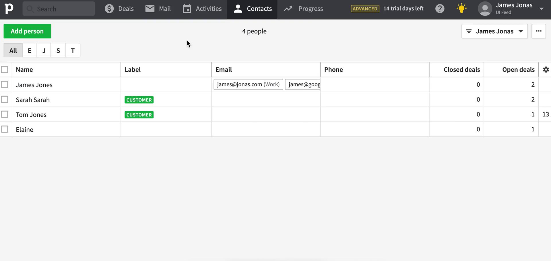 Screenshot of Contacts on CRM on Pipedrive user flow