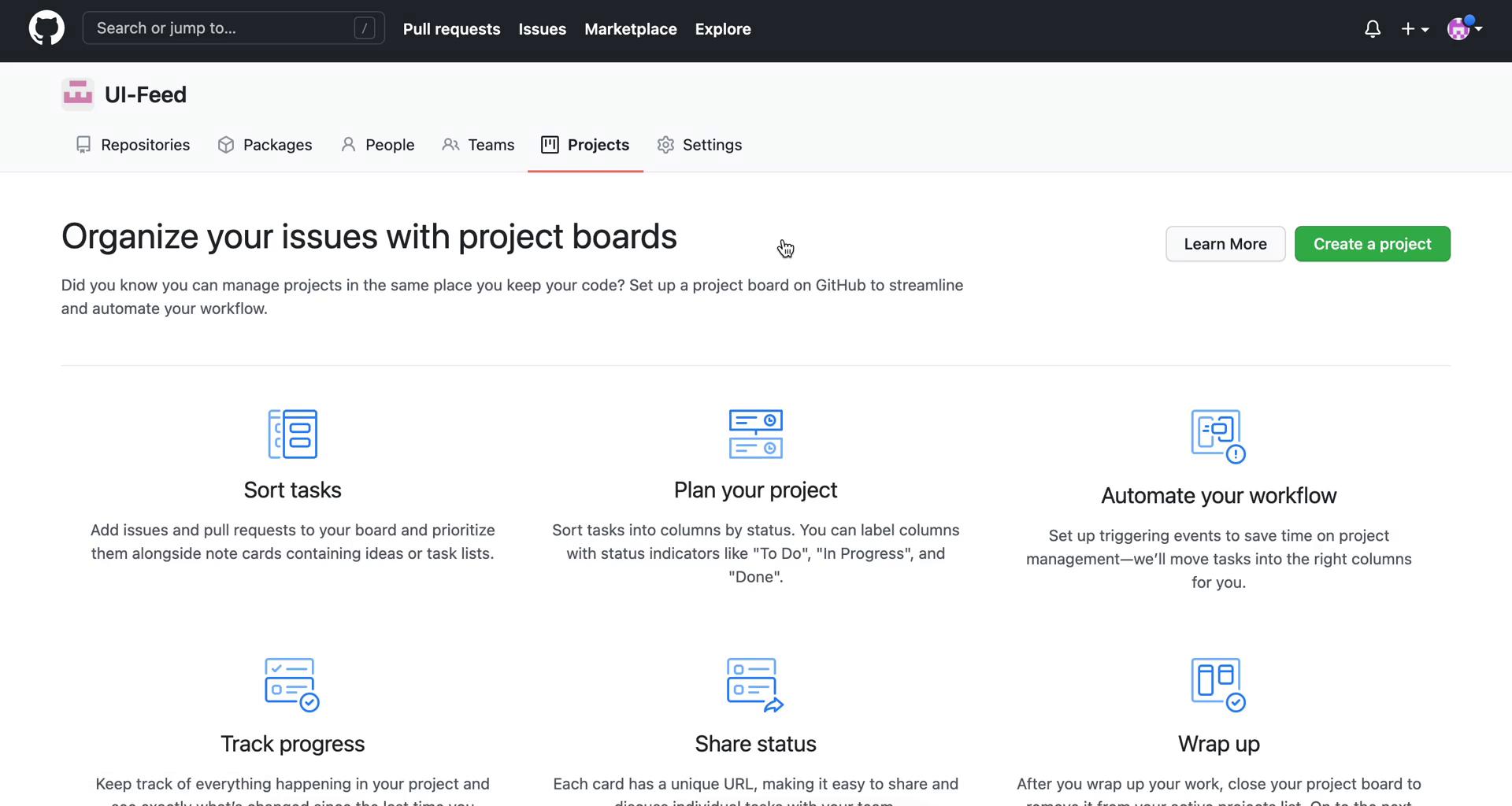 Screenshot of Projects on Creating a project on GitHub user flow