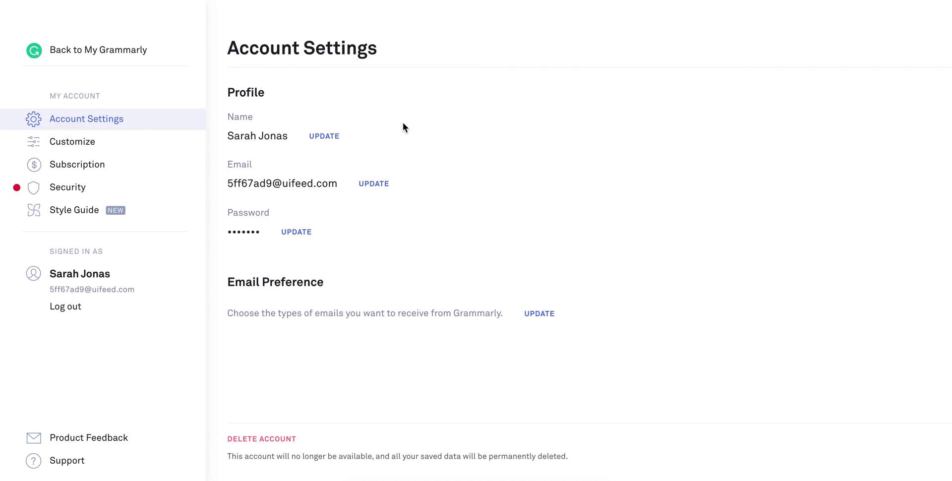 Screenshot of Account settings on Settings on Grammarly user flow