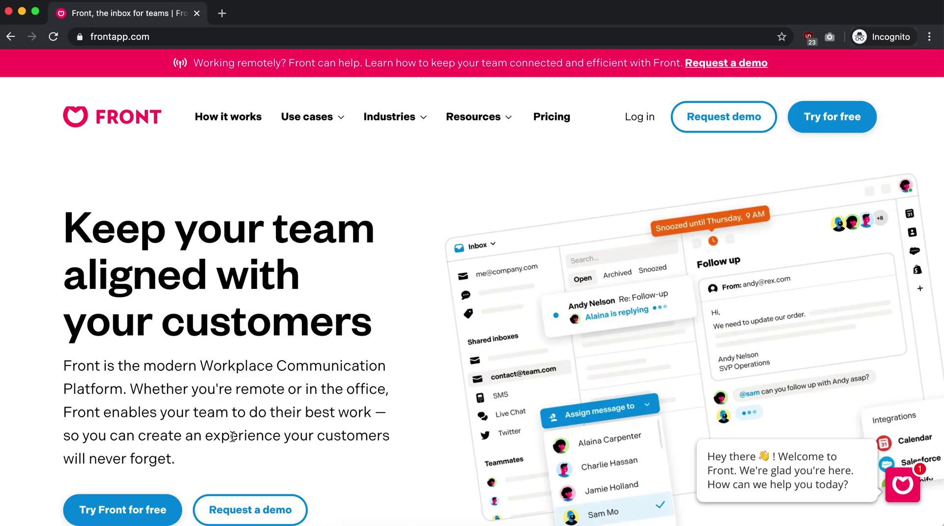 Screenshot of Homepage on Onboarding on Front user flow