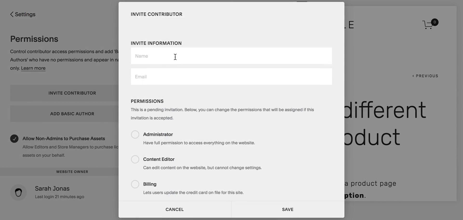 Screenshot of Invite friends on Inviting people on Squarespace user flow