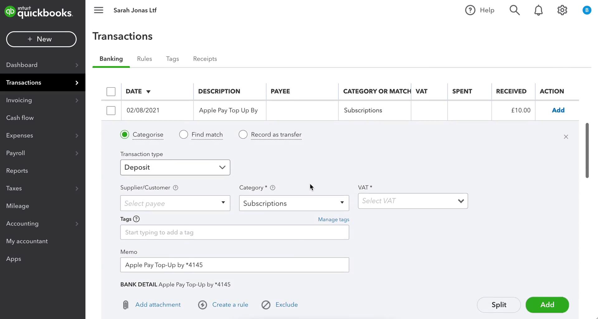 Categorizing transactions screenshot