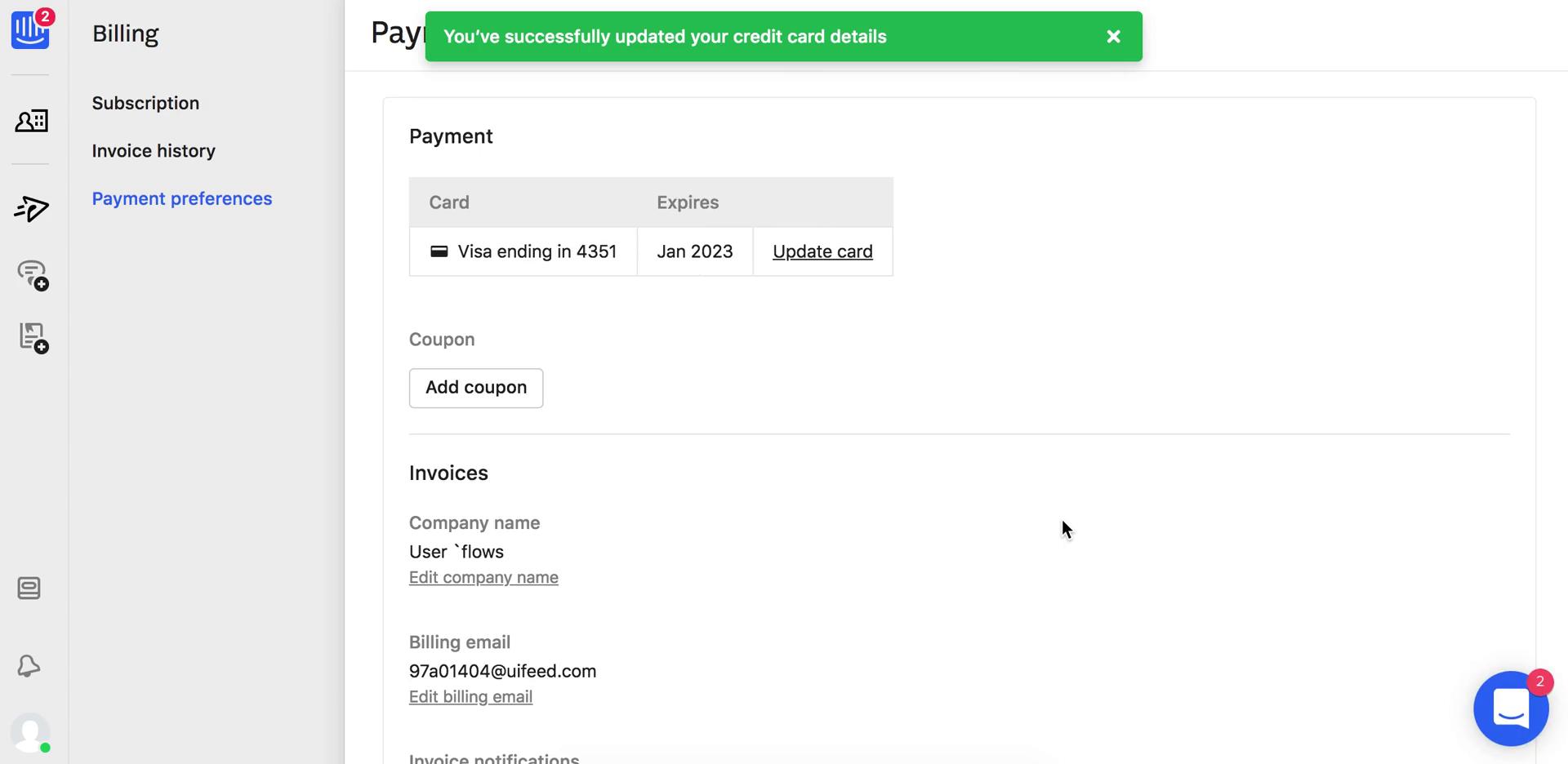 Updating payment settings screenshot