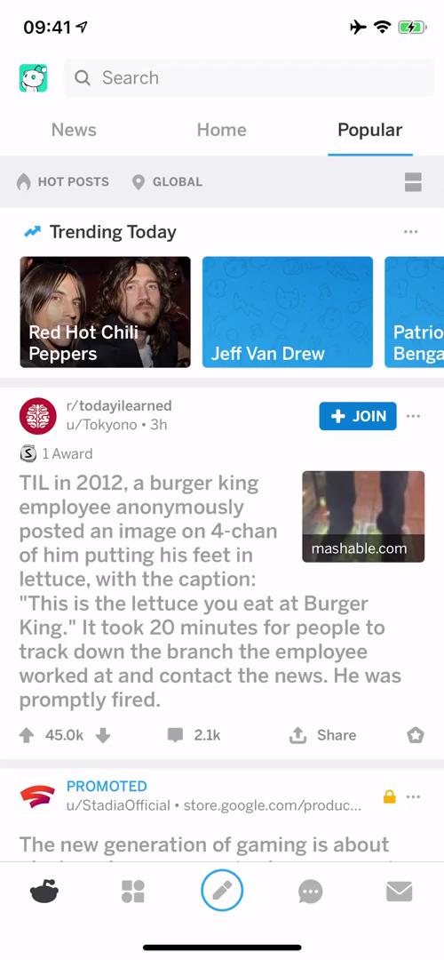Screenshot of Home feed on General browsing on Reddit user flow