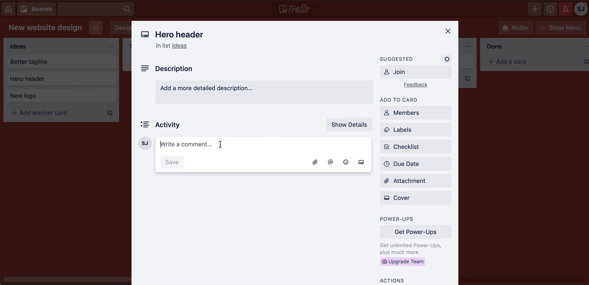 Screenshot of Card details on Commenting on Trello user flow