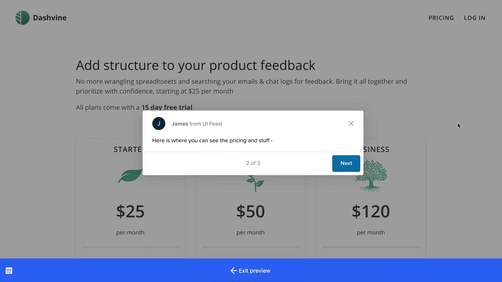 Creating a product tour screenshot