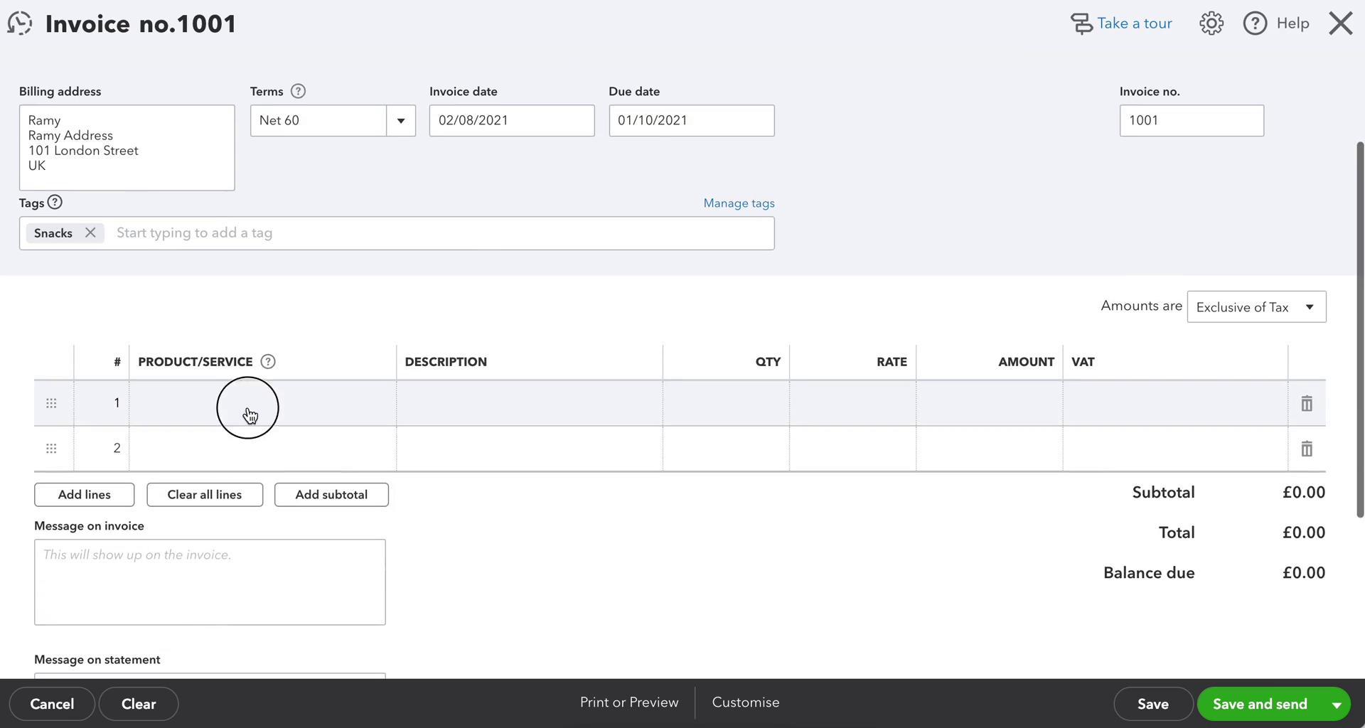 Creating an invoice screenshot