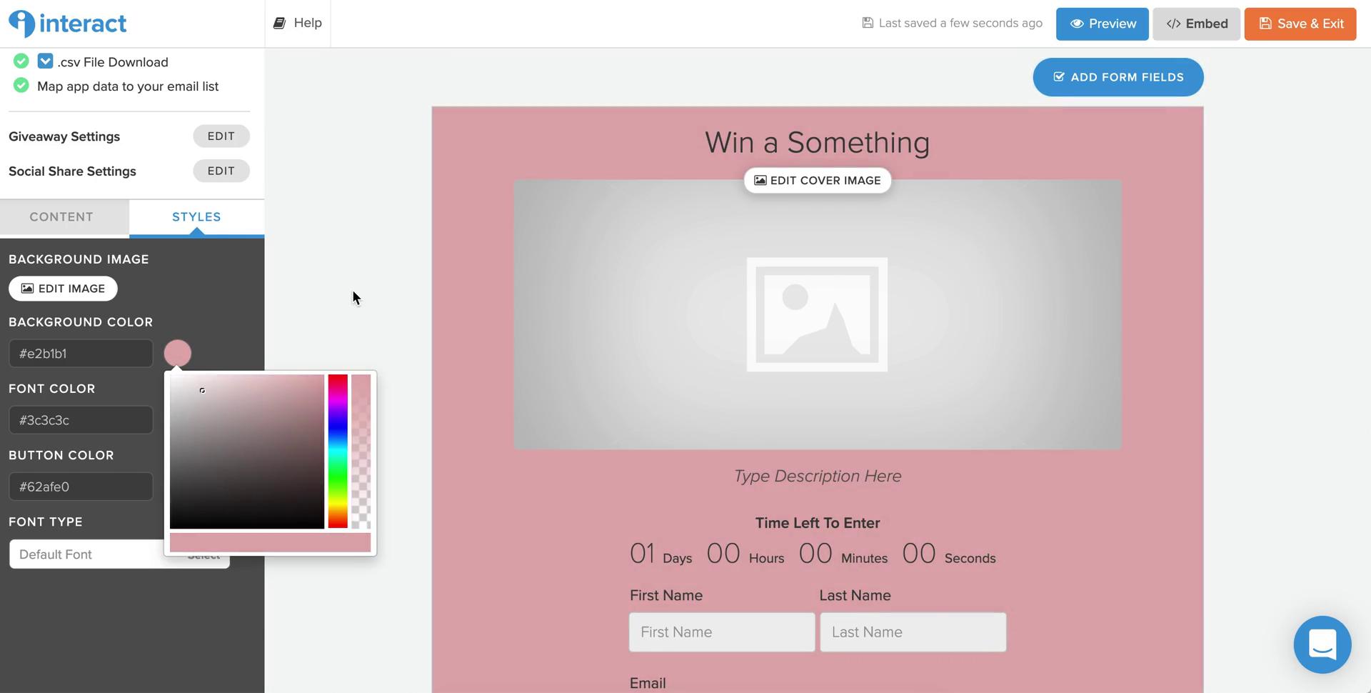 Creating a giveaway campaign screenshot