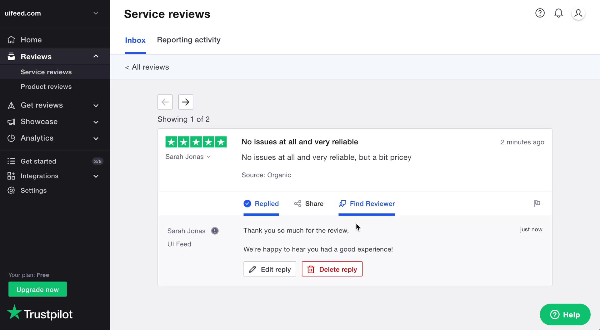 Managing feedback screenshot