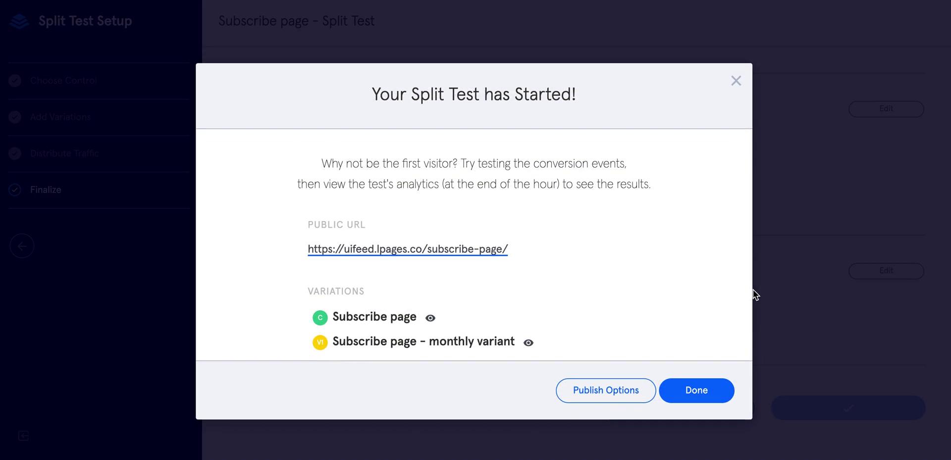 Split testing screenshot