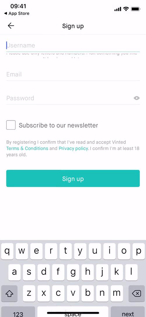 Vinted sign up with email screenshot