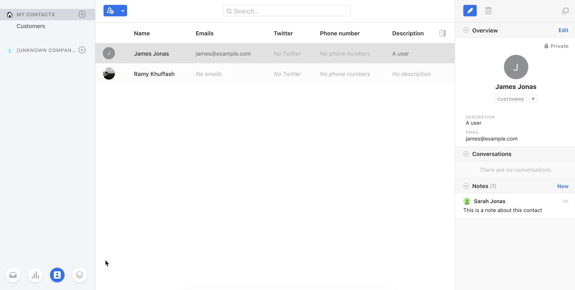 Screenshot of Contacts on CRM on Front user flow