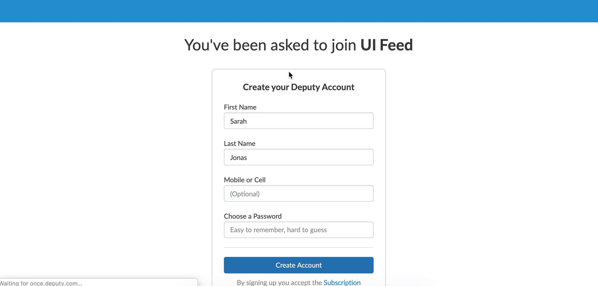 Screenshot of Sign up on Accepting an invite on Deputy user flow