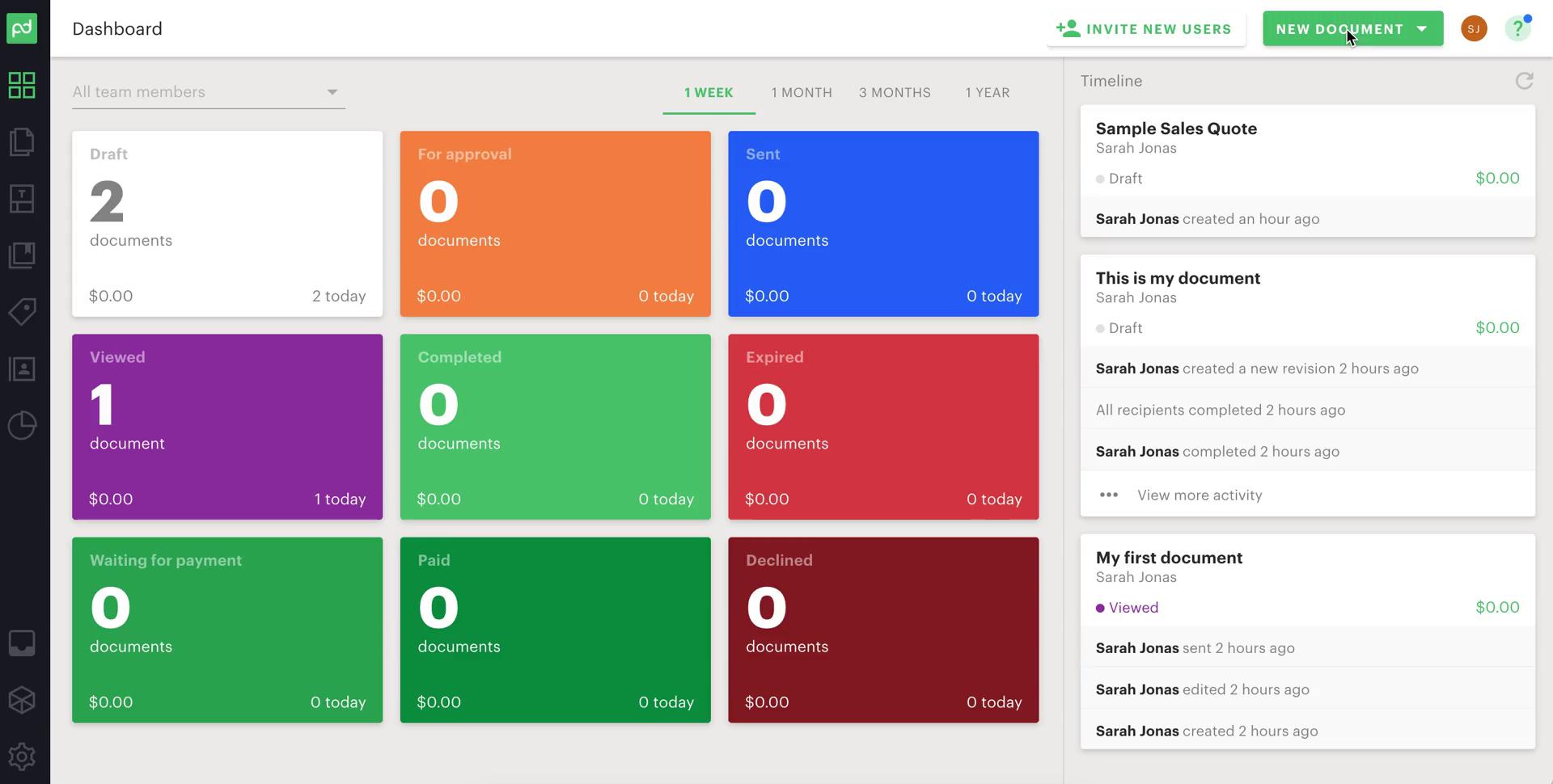 Screenshot of Dashboard on Creating a quote on PandaDoc user flow