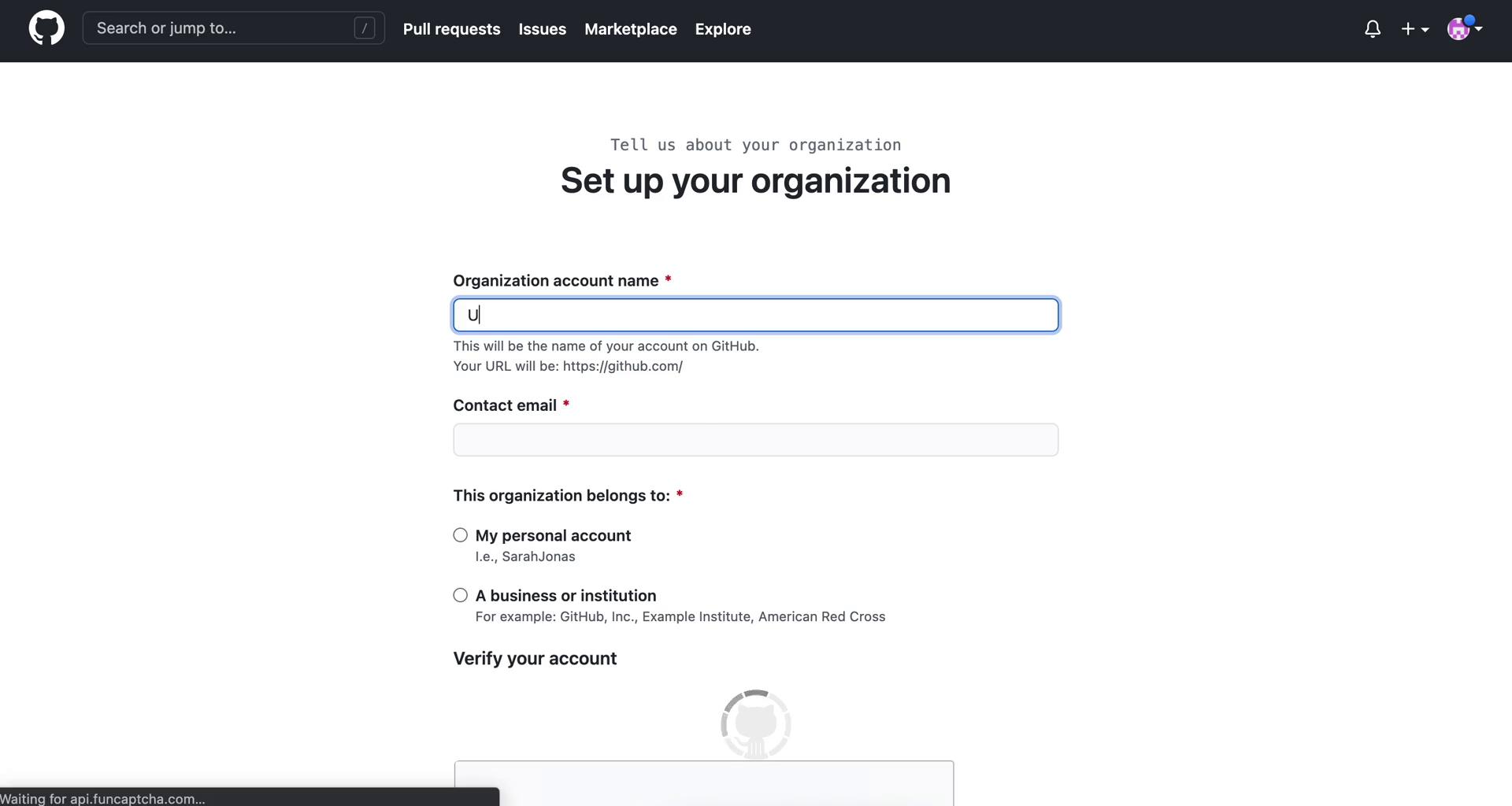 Screenshot of Create an organization on Creating a team on GitHub user flow