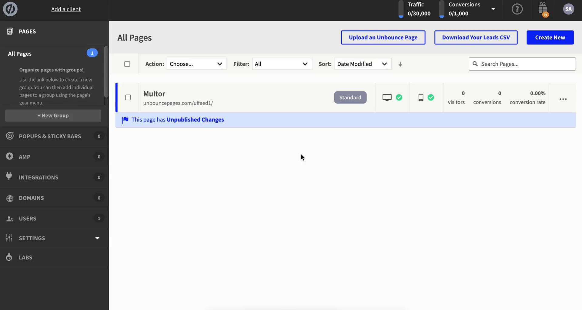 Screenshot of Dashboard on Split testing on Unbounce user flow