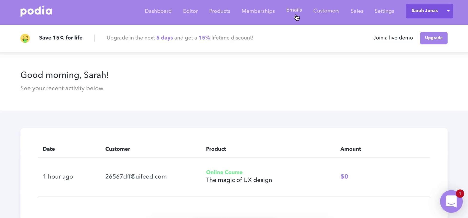 Screenshot of Dashboard on Creating an email campaign on Podia user flow
