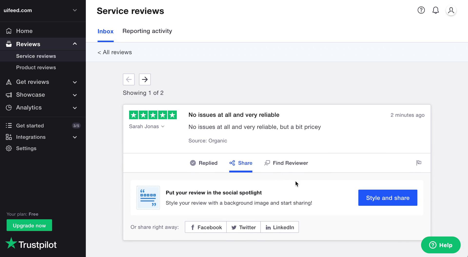 Managing feedback screenshot