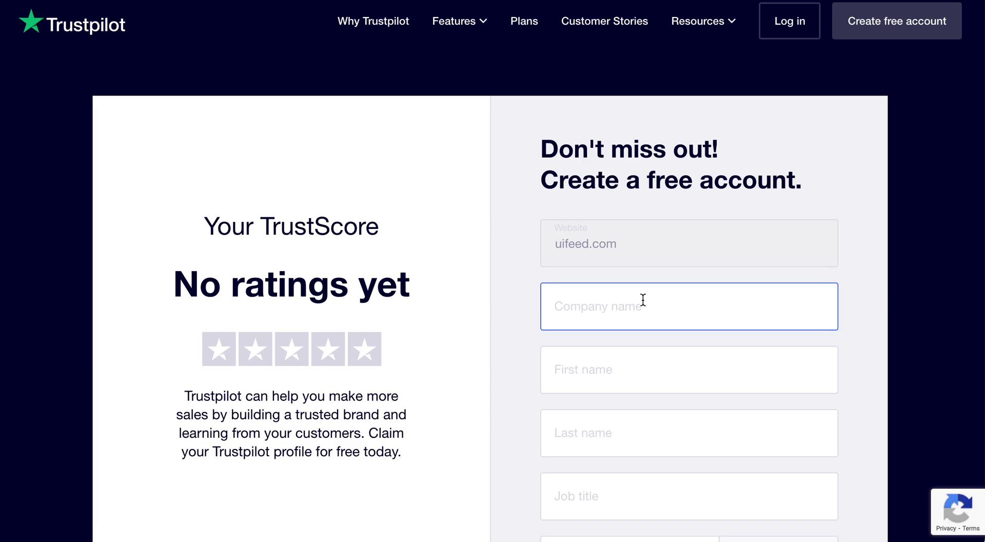 Trustpilot sign up screenshot