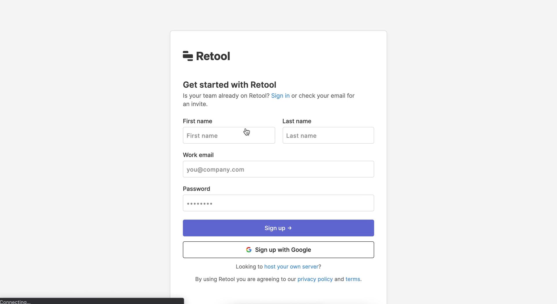 Screenshot of Sign up on Onboarding on Retool user flow