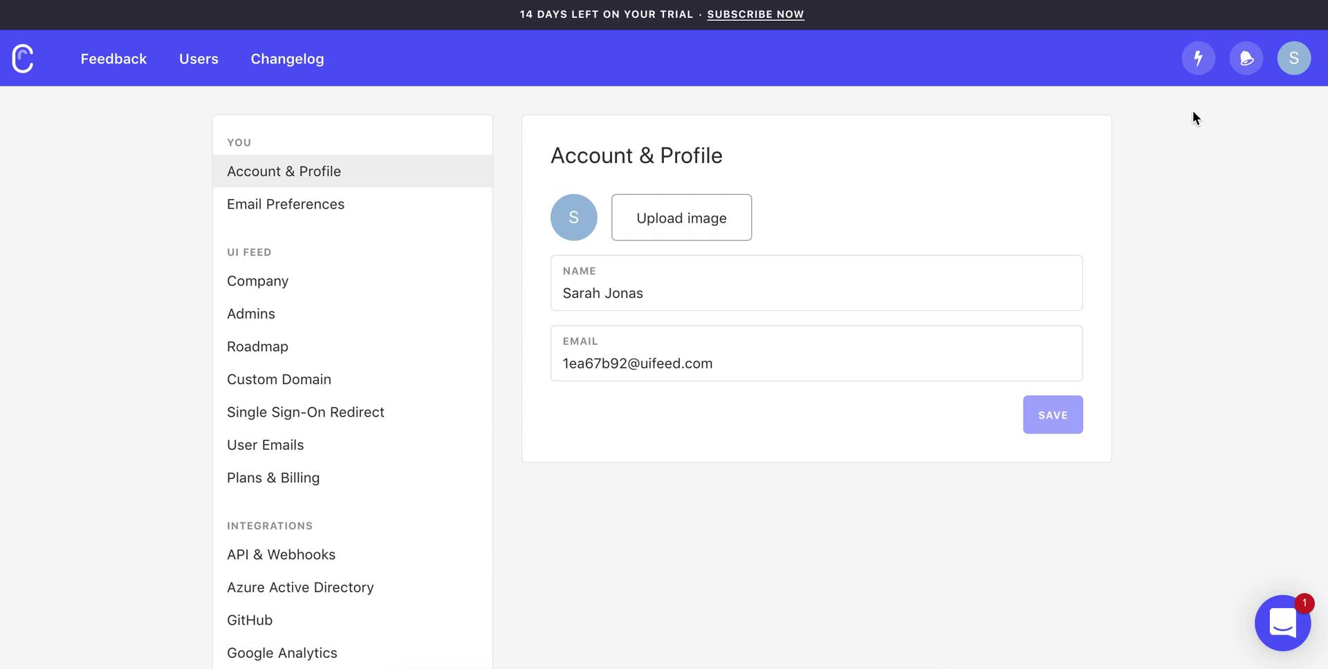 Screenshot of Account settings on Adding a custom domain on Canny user flow