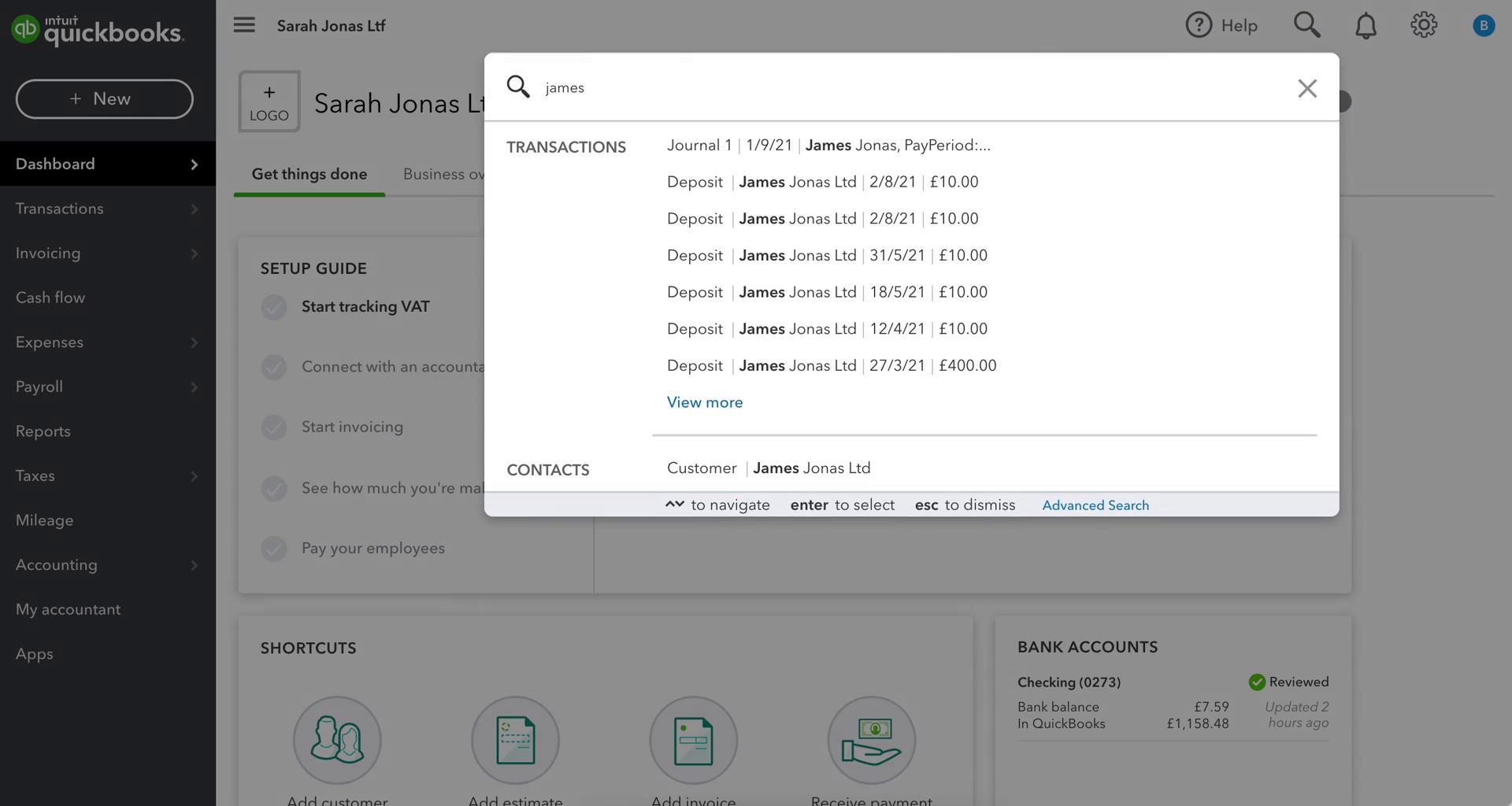 Screenshot of Search results on Searching on QuickBooks user flow