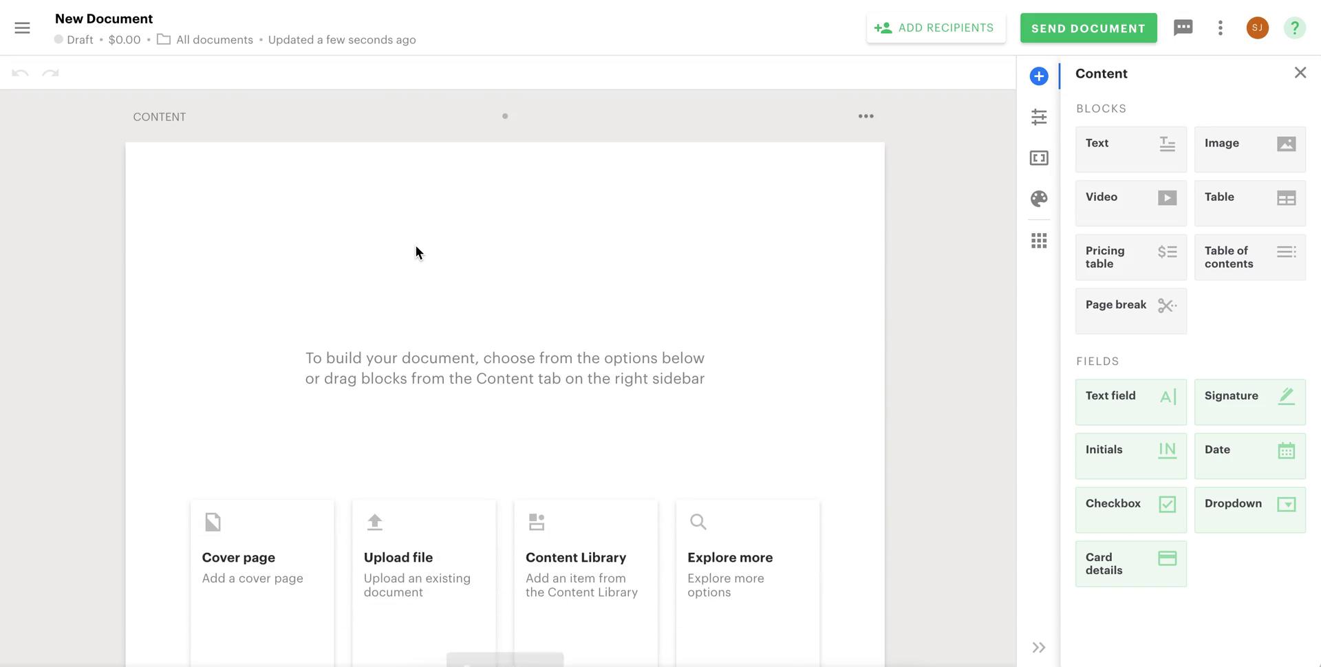 Screenshot of Edit document on Creating a document on PandaDoc user flow