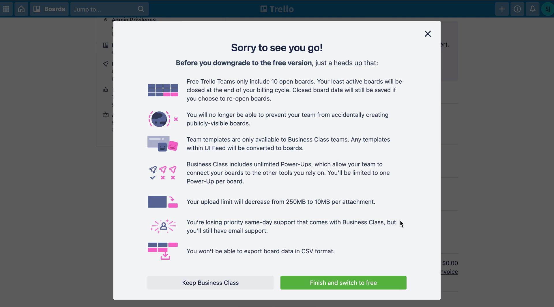 Screenshot of Confirm cancellation on Cancelling your subscription on Trello user flow