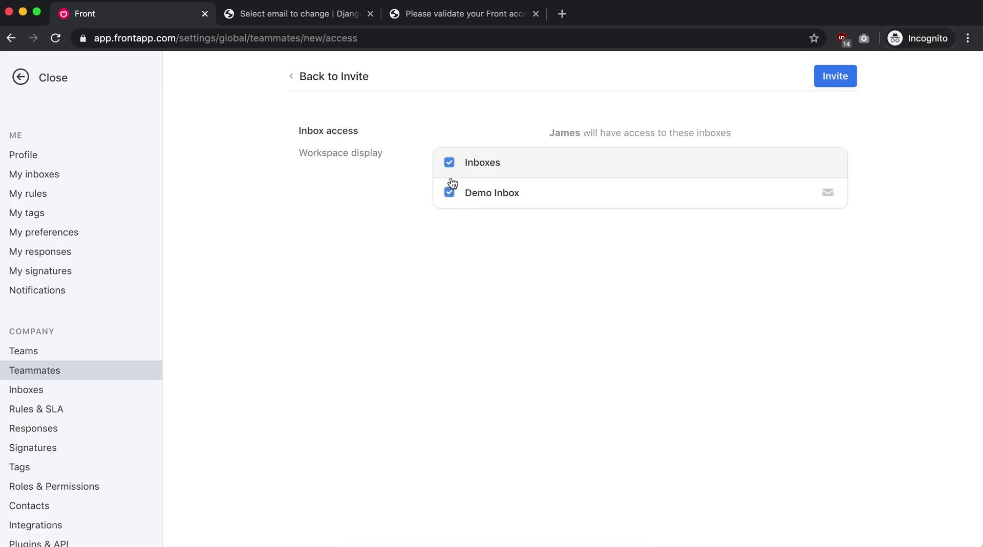 Screenshot of Set inbox access during Inviting people on Front user flow