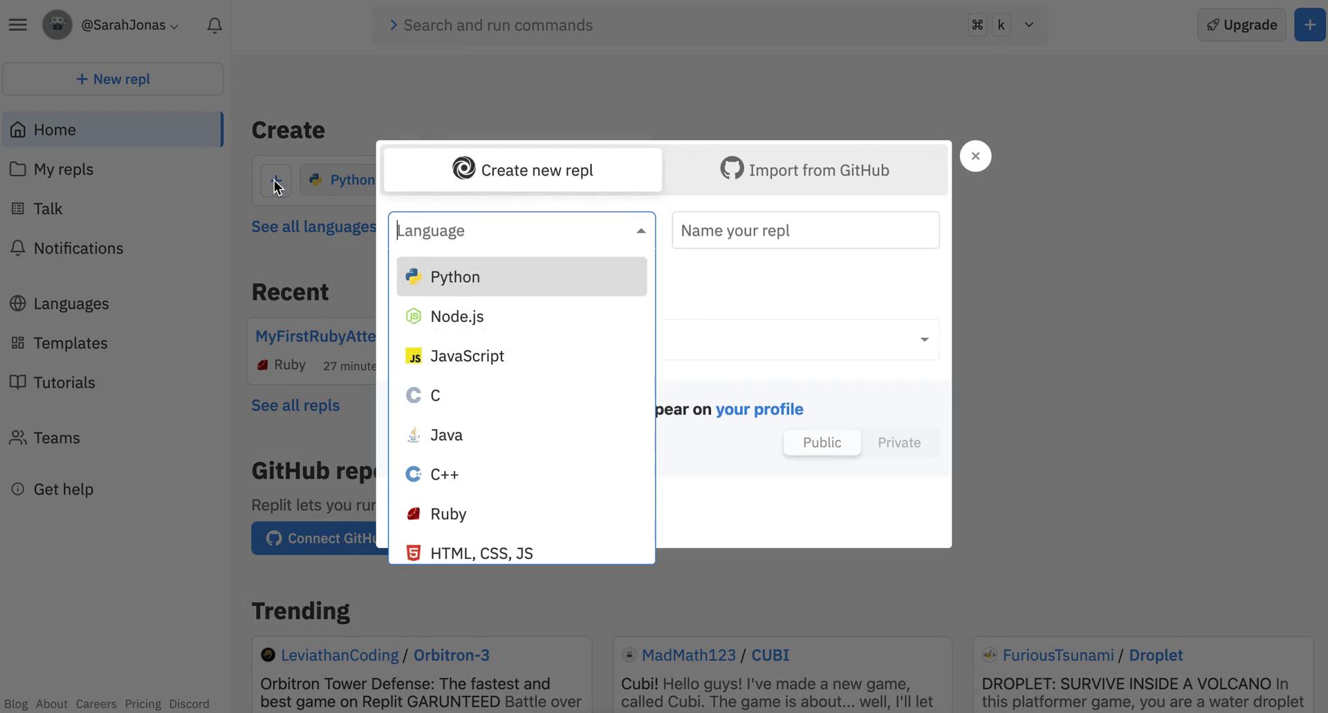 Screenshot of Create repl on Creating a flowchart on Replit user flow
