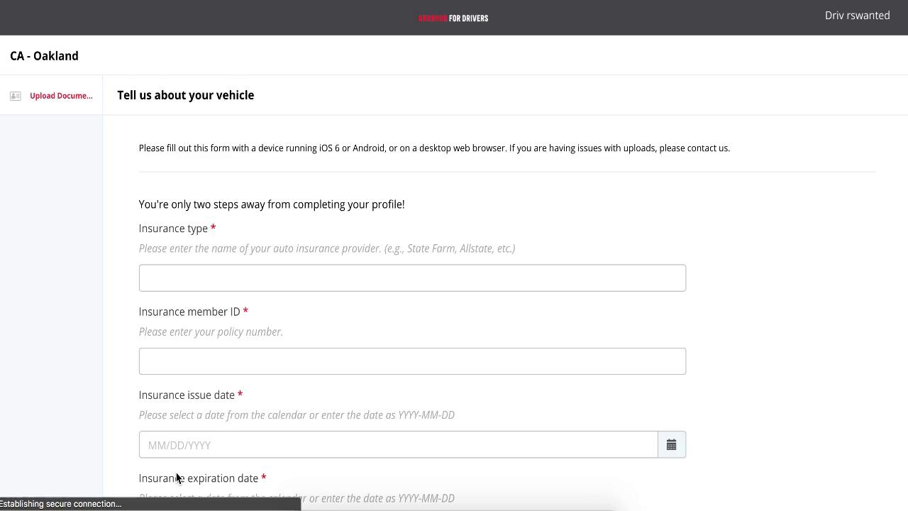 Driver signup screenshot