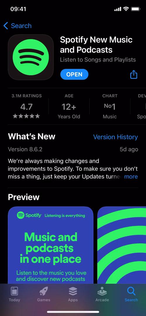 Screenshot of App store listing during Onboarding on Spotify user flow
