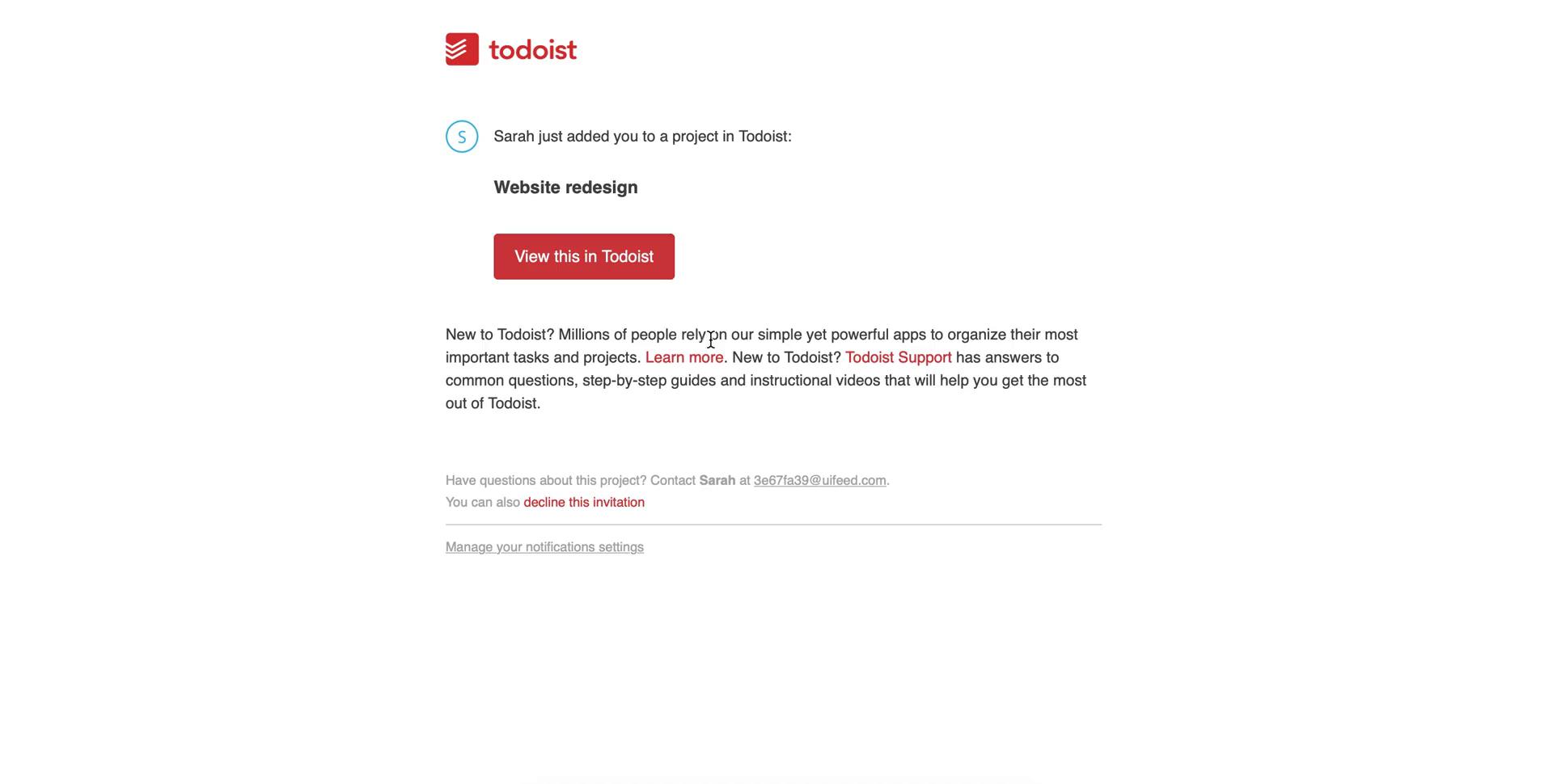 Screenshot of Invite email on Accepting an invite on Todoist user flow