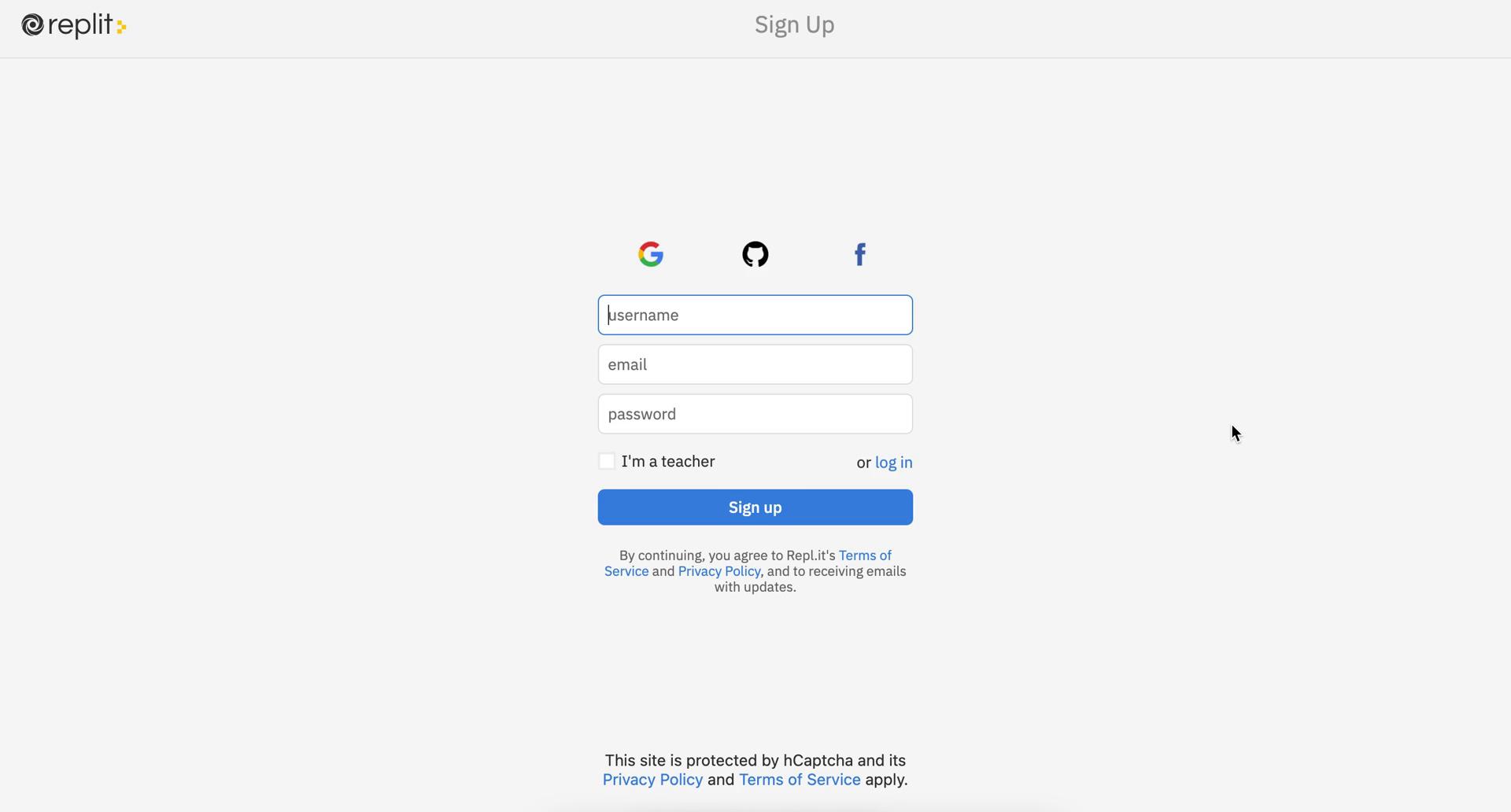 Replit sign up screenshot