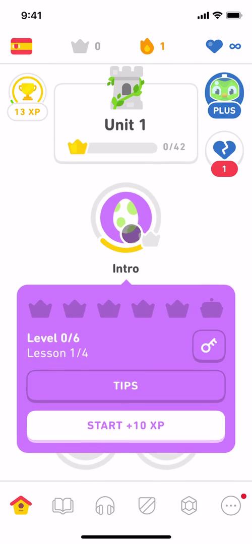 Screenshot of Level progress on Learning on Duolingo user flow