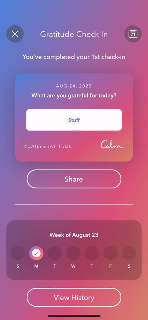 Calm gratitude check-in complete screenshot