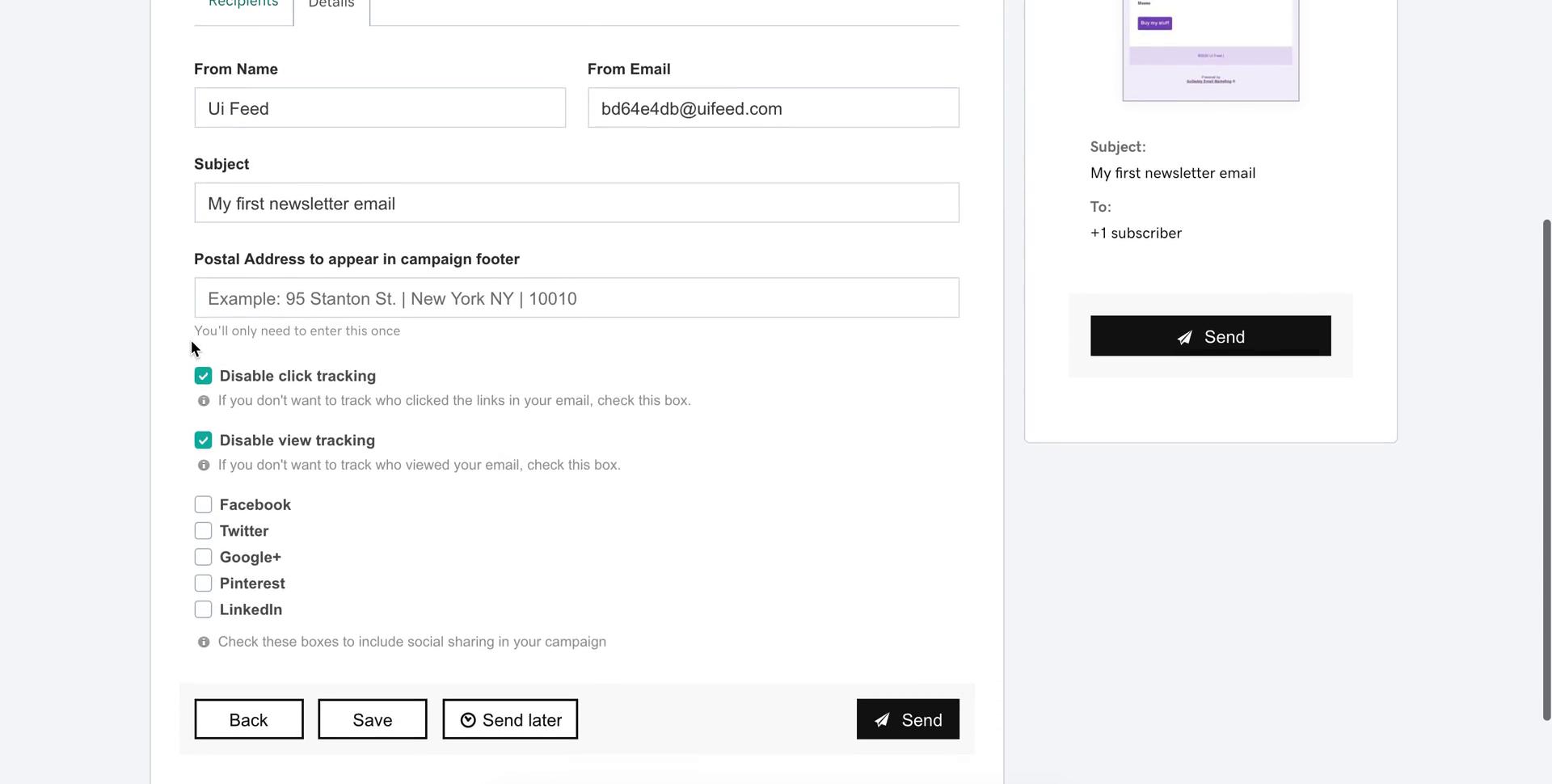 Creating an email campaign screenshot