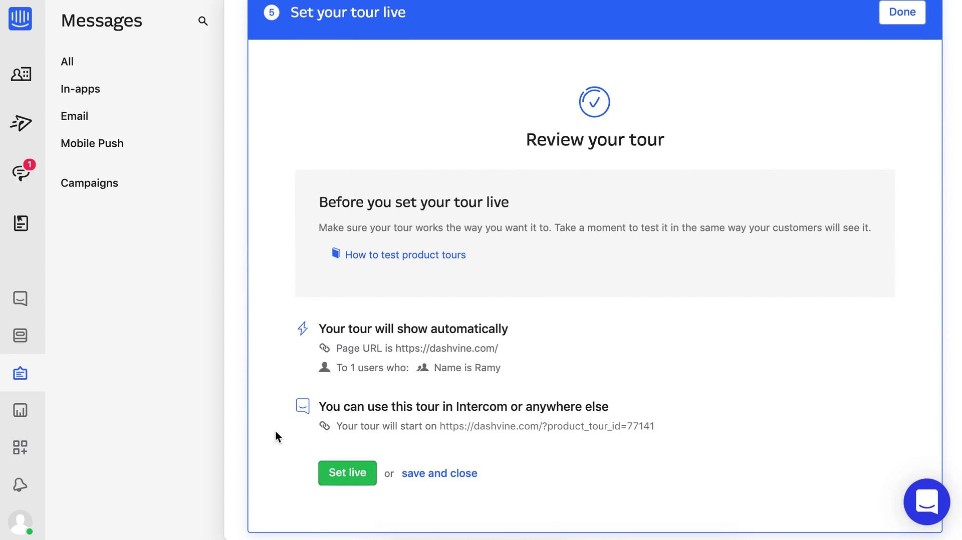 Creating a product tour screenshot