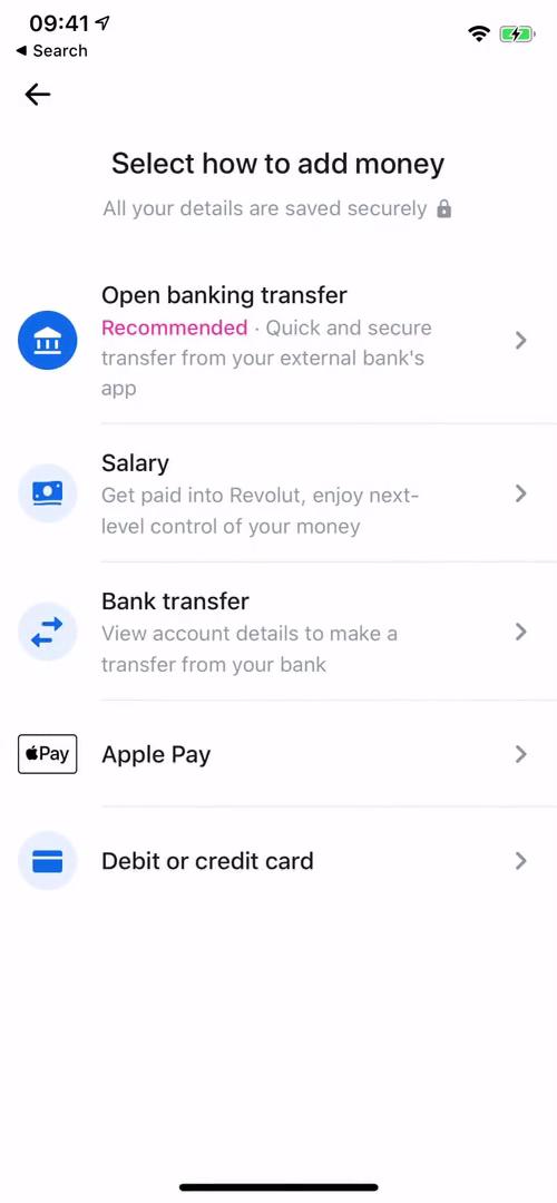 Screenshot of Select payment method on Depositing funds on Revolut user flow