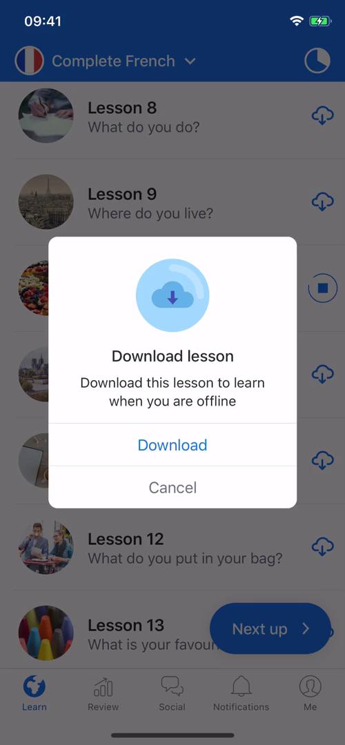 Screenshot of Download lesson on General browsing on Busuu user flow