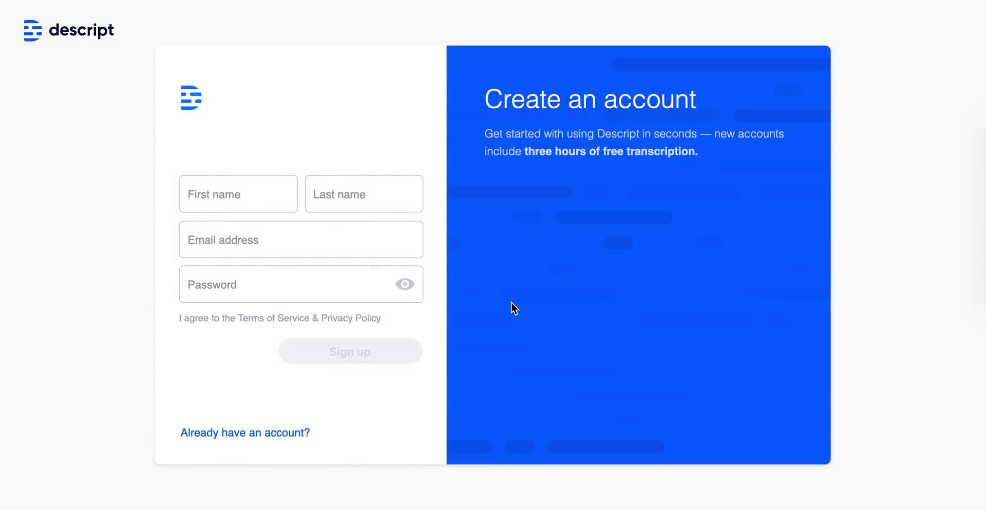 Screenshot of Sign up on Accepting an invite on Descript user flow