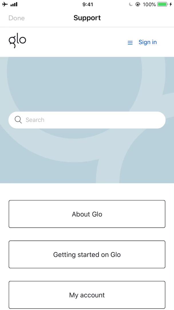Screenshot of Help centre on Support on Glo user flow
