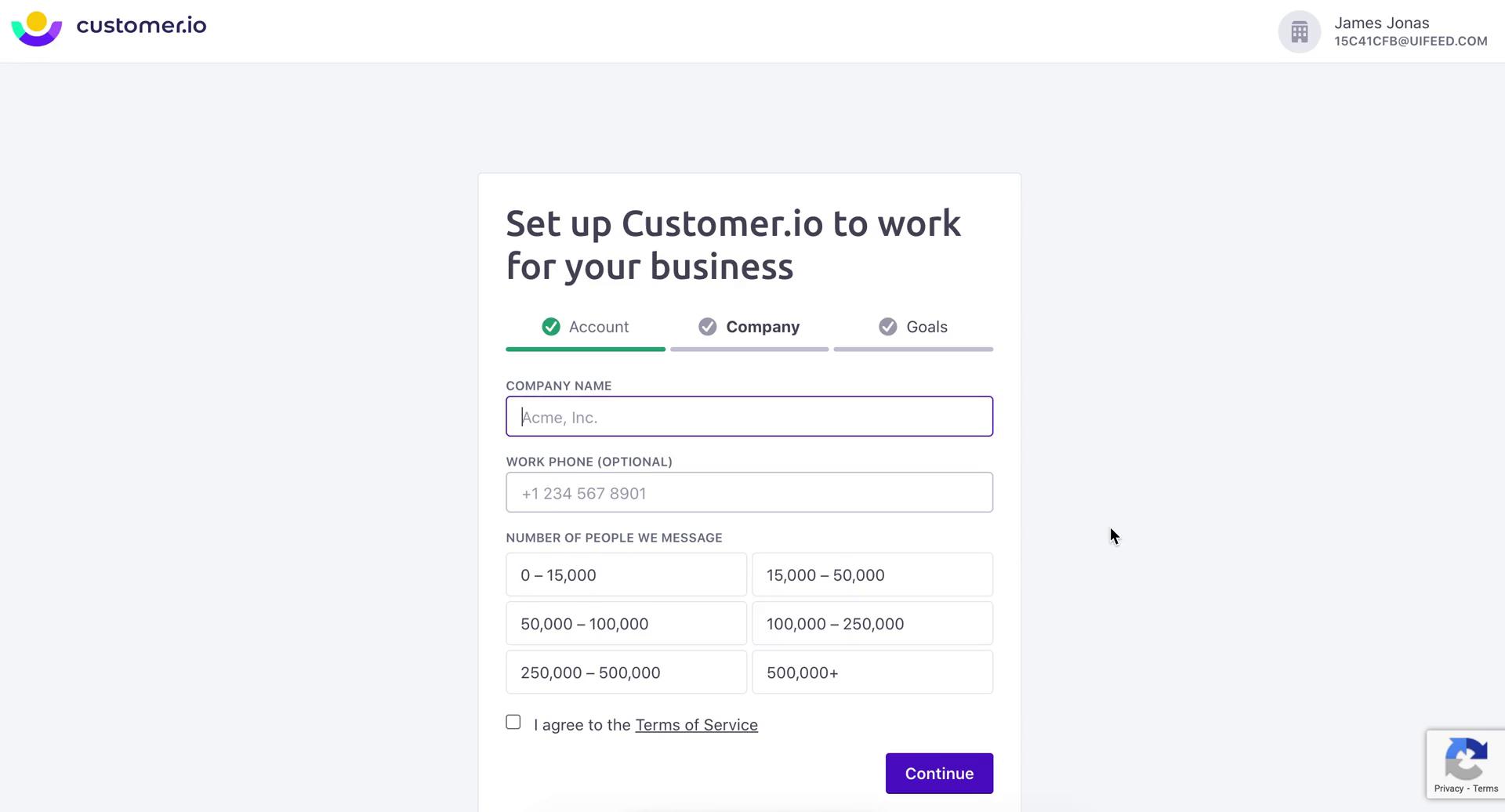 Customer.io add company details screenshot