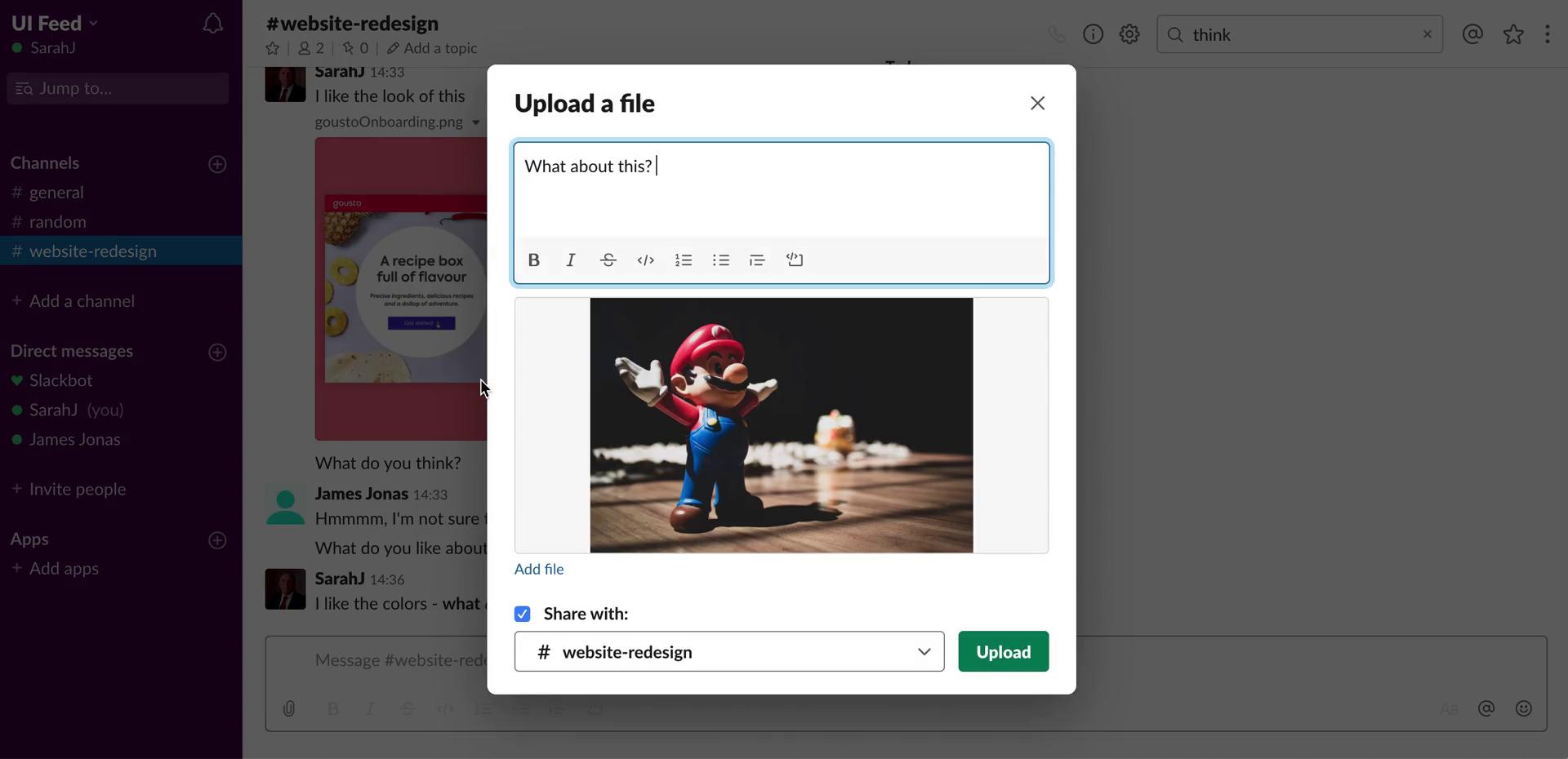 Screenshot of File upload on Chat on Slack user flow
