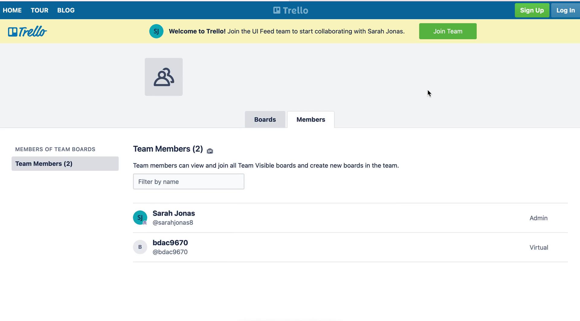 Screenshot of Team members on Accepting an invite on Trello user flow