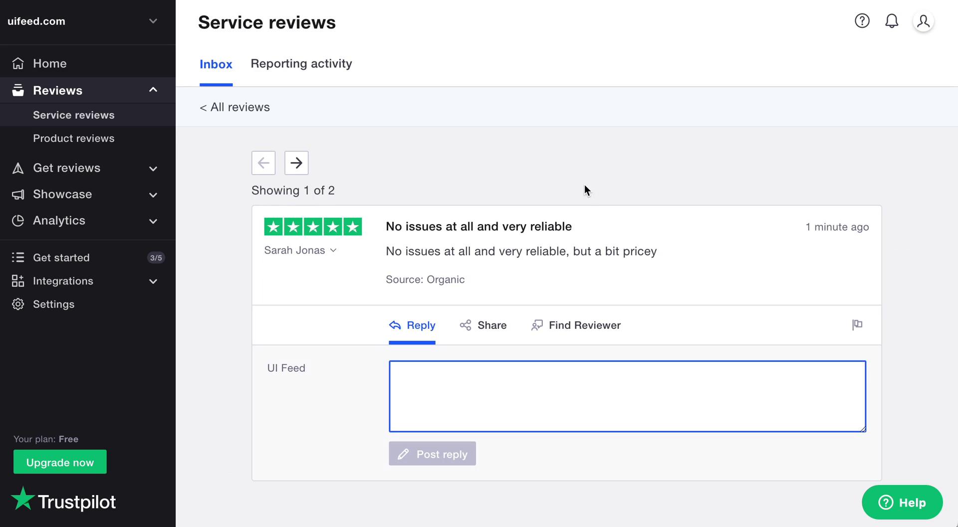 Managing feedback screenshot