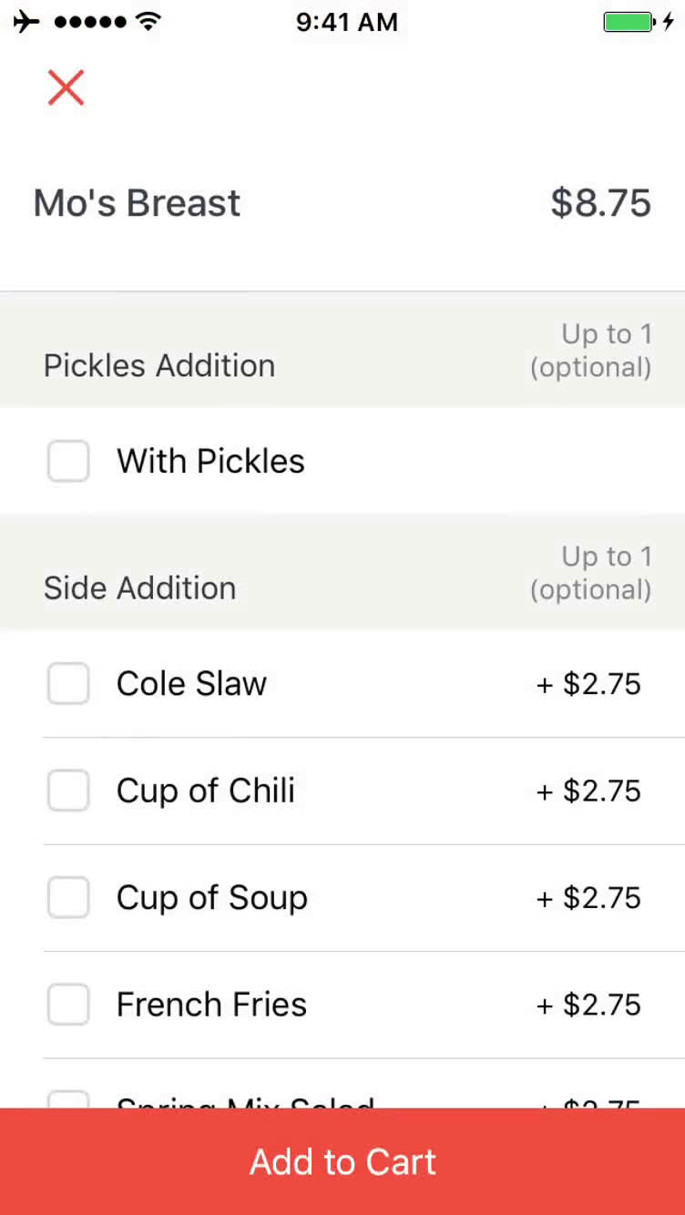 Ordering food screenshot